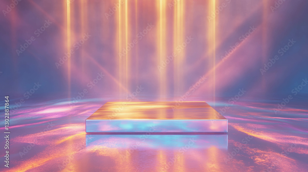 Poster Futuristic abstract background with suspended podium and ethereal lighting for design