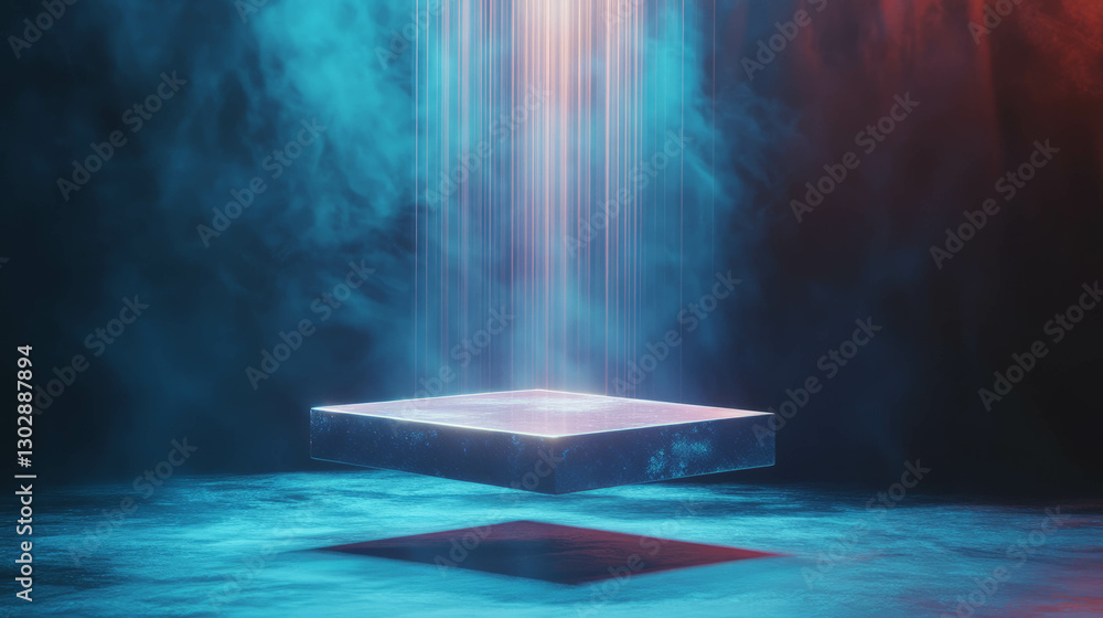 Poster futuristic abstract background with suspended podium and vibrant lighting for design projects