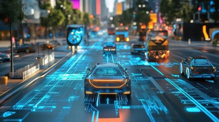 Futuristic Cityscape: Autonomous Vehicles Navigating Smart Roads