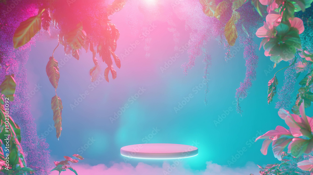 Poster Enchanting abstract background with floating podium in dreamy pink and green atmosphere