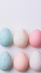 at the bottom of the image are seven eggs with free space on top of image for text, creative geometric pattern on pastel colors eggs