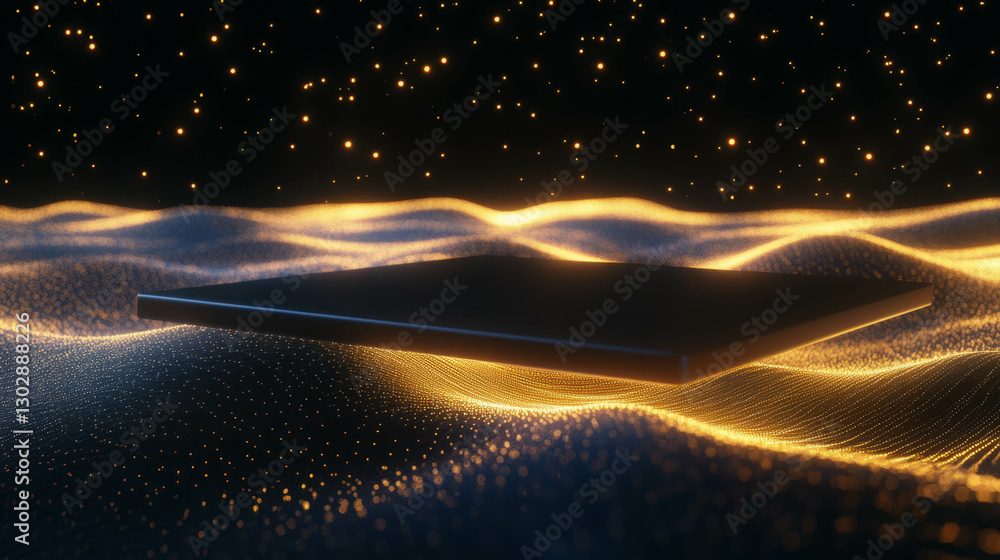 Poster Futuristic abstract background with floating podium and glowing light waves