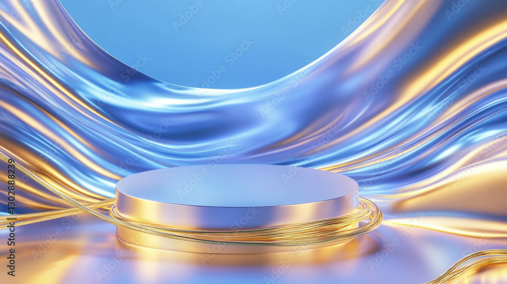 Poster futuristic abstract podium with golden light reflections for modern design concepts