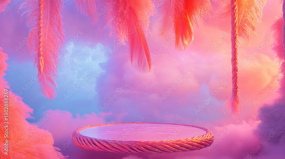 Poster abstract dreamy atmosphere with suspended podium and feather elements for creative design