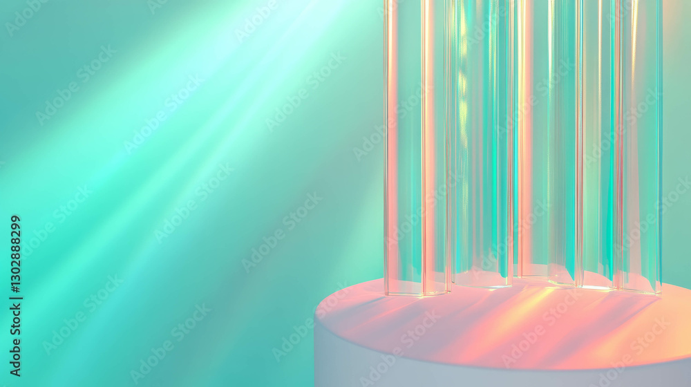 Poster Modern abstract background with floating podium and colorful light beams