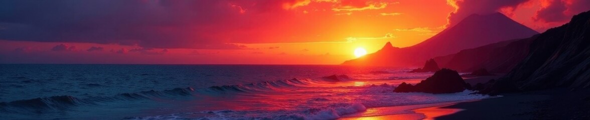 Fototapeta premium Fiery sunset paints volcanic peaks, ocean ablaze , view, beautiful, light