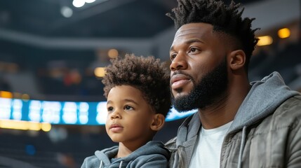 A warm moment captured between a father and son as they share a thrilling experience at a sports game, highlighting their bond and appreciation for the event.
