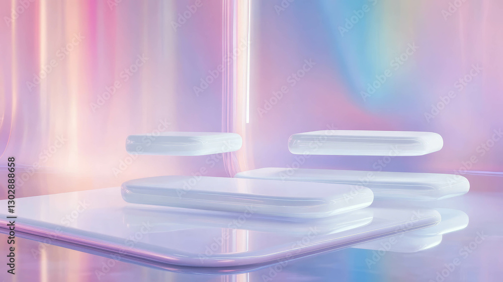Poster Futuristic abstract composition with interconnected shapes and soft pastel colors