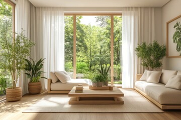 Sunlit minimalist living room with wooden furniture, plants, and large windows overlooking a lush green garden.