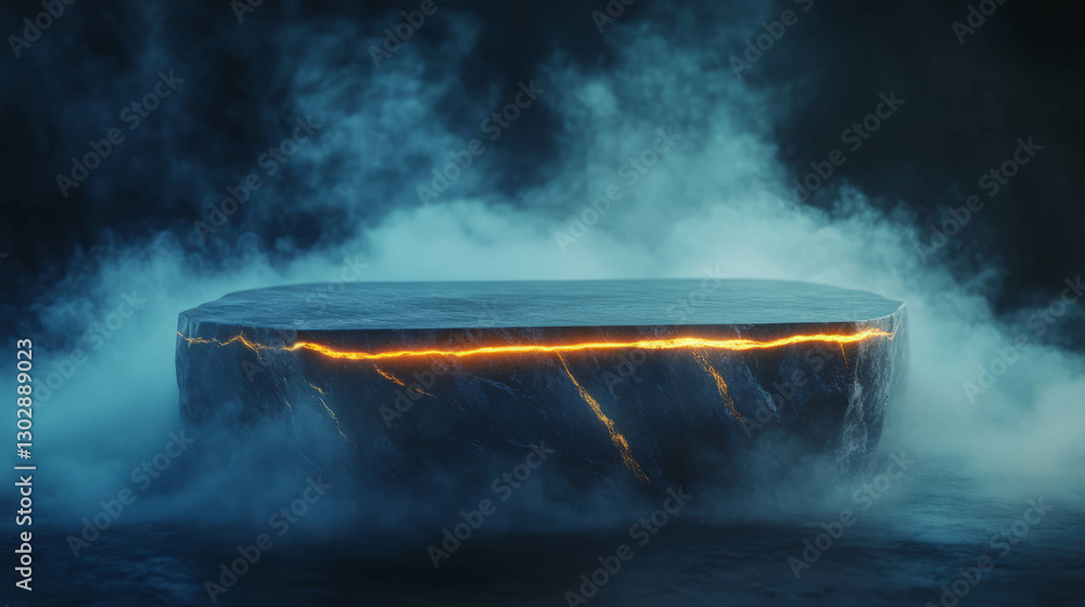 Poster mysterious marble podium with ethereal fog and ambient lighting