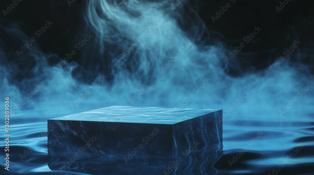 Poster mysterious abstract stone podium with blue textured surface and misty background
