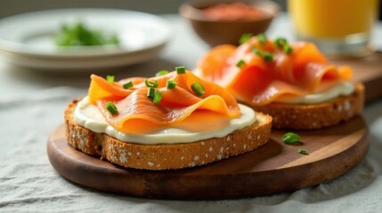 Delicious Smoked Salmon and Cream Cheese Open-Faced Sandwiches on Toasted Bread, Garnished with Fresh Herbs