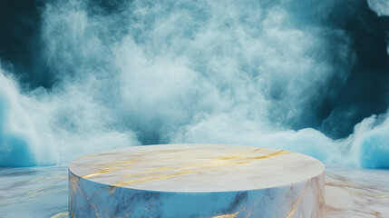 Elegant display with textured marble podium and cloudy backdrop for design presentations