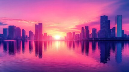 Obraz premium Vibrant Cityscape Sunset Reflection
