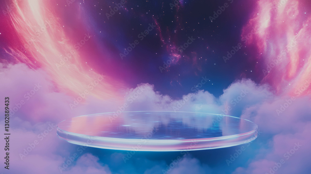 Poster futuristic abstract background with transparent glass platform in colorful cosmic sky