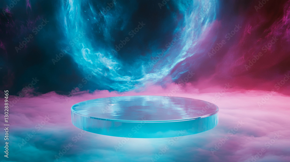 Poster futuristic abstract background with transparent glass platform in cosmic atmosphere