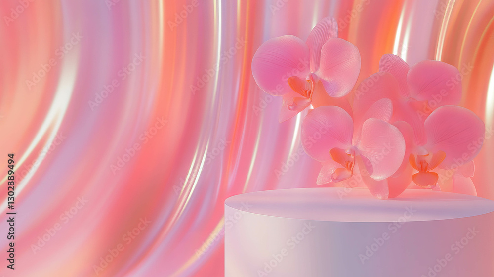 Poster elegant orchid display on white podium against colorful abstract background