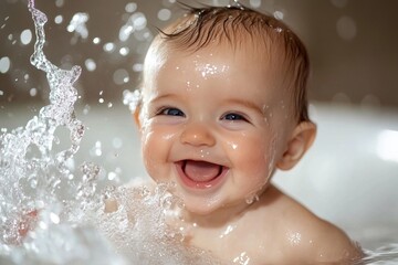Joyful caucasian baby playing in water with happy expression