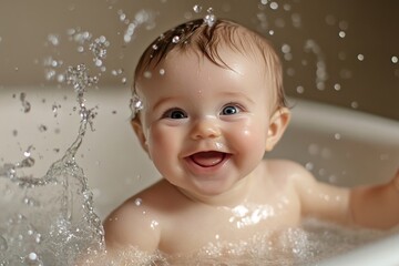 Joyful caucasian baby smiling in bathtub with splashing water