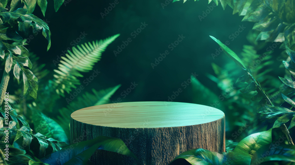 Poster natural jungle-themed abstract background with wooden podium for display design