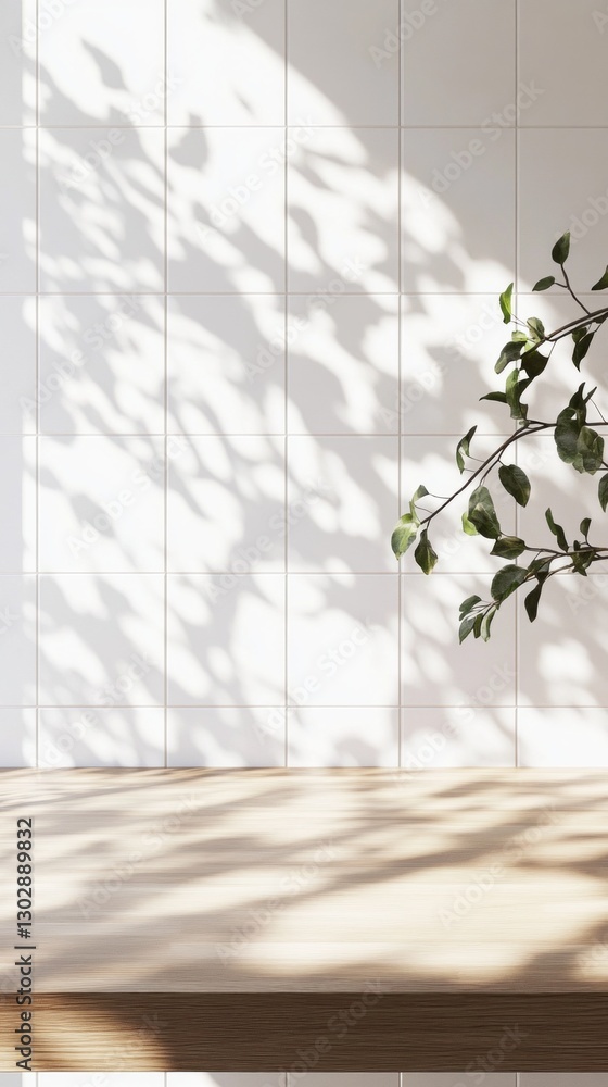 Poster soft sunlight filters through lush green leaves, creating beautiful shadows on a clean white tiled w