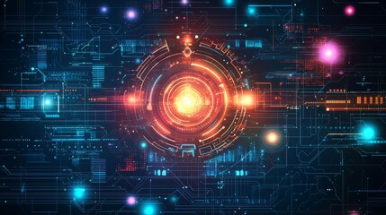 Abstract futuristic tech design with holographic interface lines, colorful glowing elements, smooth gradient blend, intricate digital background