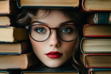 Young caucasian female with glasses surrounded by books showing intellectual curiosity