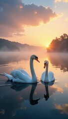 Fototapeta premium Graceful swans glide on still sunrise lake, mist rising , reflection, scene, white