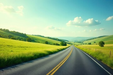 Fototapeta premium Asphalt ribbon unwinding through vibrant green rolling hills under a tranquil summer sky, offering a scenic journey of endless possibilities