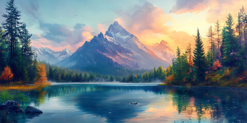 Scenic Painting of a Majestic Mountain with a Tranquil Lake in the Background