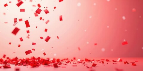 Red confetti falling onto a vibrant surface, celebrating a joyous occasion, a festive backdrop for celebratory events and promotional material