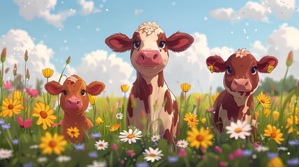 Fototapeta premium Calf Trio in a Meadow: A charming trio of playful calves frolic amidst a vibrant meadow filled with wildflowers and lush green grass, capturing the essence of farm life.