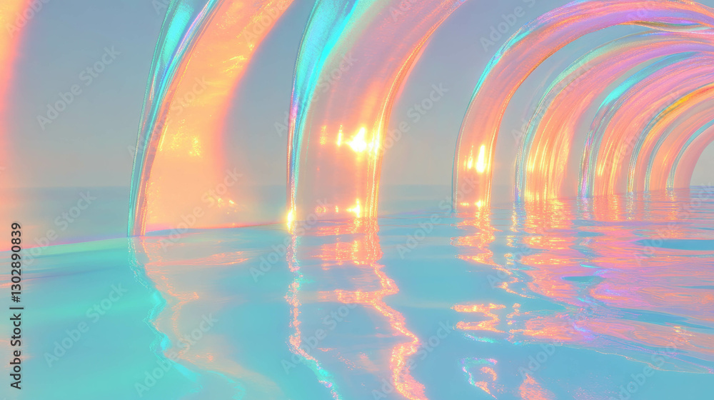Poster Surreal abstract background with colorful liquid arches and reflective surface