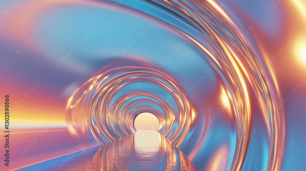 Poster futuristic abstract arches in metallic tunnel with vivid light reflections - conceptual design for m
