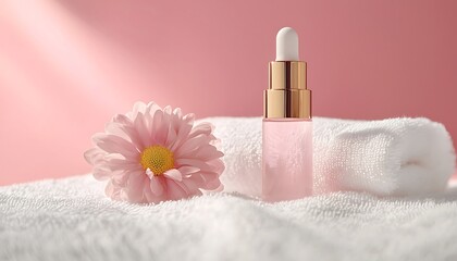 Cosmetic bottle mockup with flower on white towels and pink background, minimalist beauty product display for blogging and skincare promotion