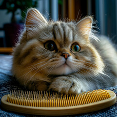 Pet beauty blogger, Pet Moody, Playful cat with comb at home cozy indoor setting pet photography warm light cute and furry companion