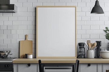 Mockup de moldura vertical em cozinha moderna com utensílios, plantas e decoração minimalista, criado com IA generativa para visualização de arte e design