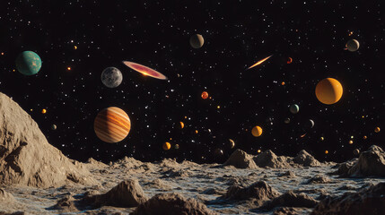 Cosmic landscape with celestial bodies and planetary horizon