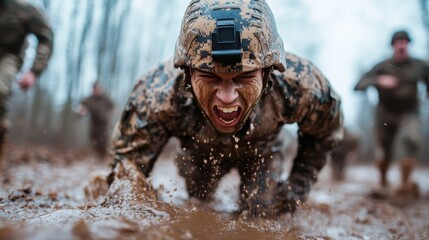 A soldier intensely crawls through muddy water during a training exercise, symbolizing the struggle and determination required in military training.