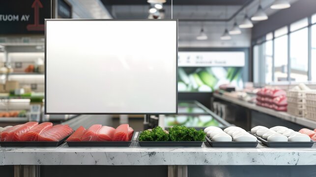 Fresh seafood display in modern supermarket for world tuna day promotion. Mockup, template with tuna. Copy space