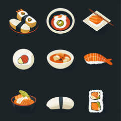 Sushi Set Food Illustration of Japanese Cuisine on Dark Background