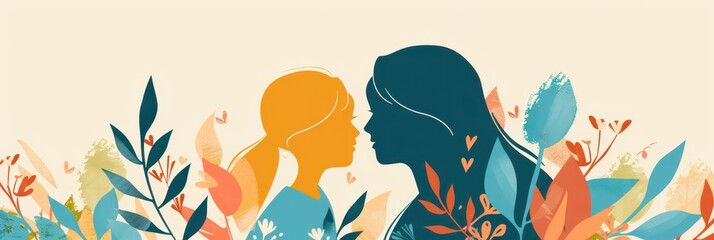 Celebration of world maternal mental health day with mother and child in nature-inspired design. Horizontal banner. Copy space. Postpartum depression concept. Postnatal care services, women's wellness