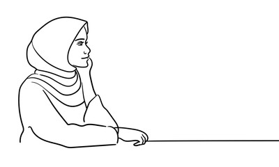 Young muslim woman in burqa, continuous line art drawin. Oriental girl in traditional clothes. Vector illustration isolated on white background 