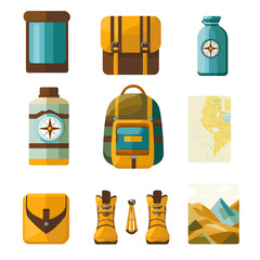 Hiking Gear: Backpack, Boots, Map, Compass, Canteen, Travel Pack, Scenery