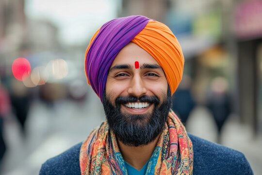 Smiling sikh man in vibrant turban walking outdoors