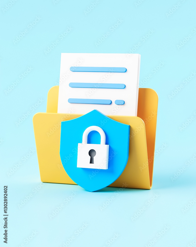 Poster yellow folder with a document secured by a blue shield and padlock representing data protection