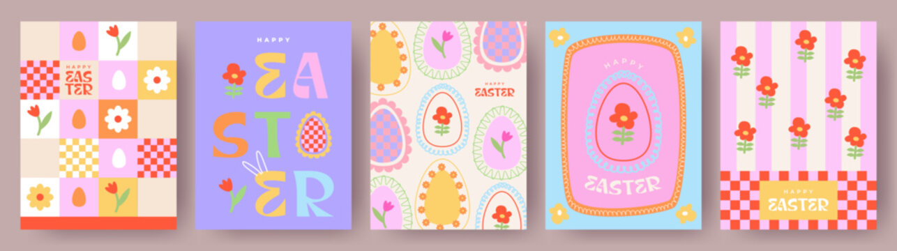 Happy Easter Set of cute greeting card, poster, holiday cover or web banner. Trendy design with typography, hand drawn flowers and Easter eggs in geometric style with doodles. Easter art template