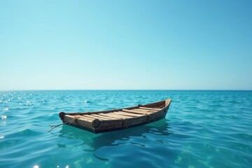 Fototapeta premium A simple wooden boat floats serenely on the tranquil, turquoise ocean under a brilliant blue sky, a peaceful scene of summer's calm.