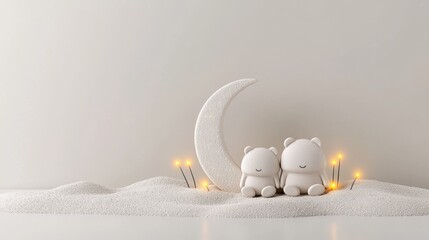 Adorable Plush Bears Sleeping Beside Crescent Moon Amidst Glowing Lights in Minimalist Setting