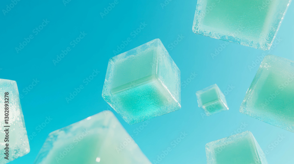 Poster abstract geometric shapes floating in blue sky background